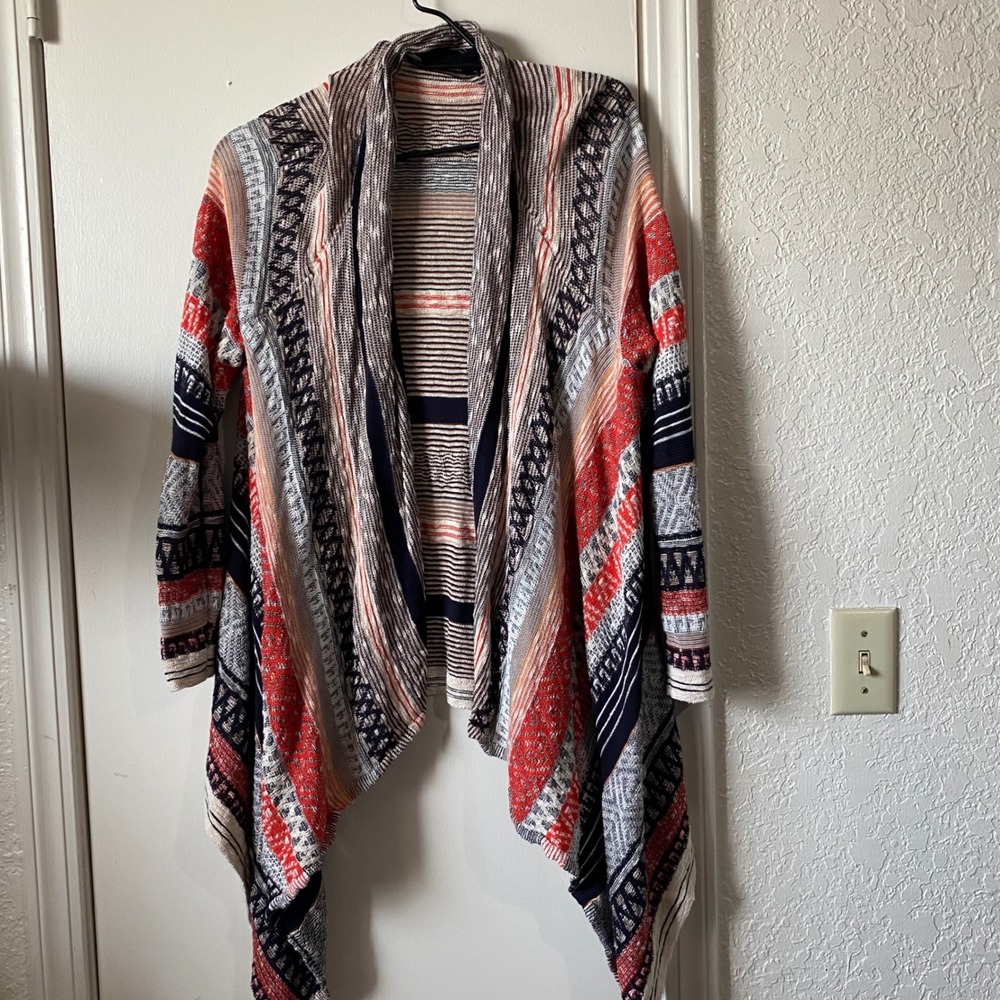 NIC+ZOE Women Multi-Color Geometric Open Front Waterfall Cardigan Sweater L